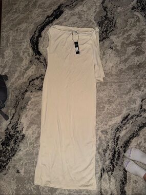 Fashion Nova Cream One-Shoulder Maxi Jumpsuit
